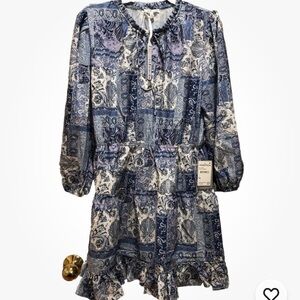 Maisie Dress Mini Nordstrom Blue Patchwork Peasant Style Boho LARGE NWT $154